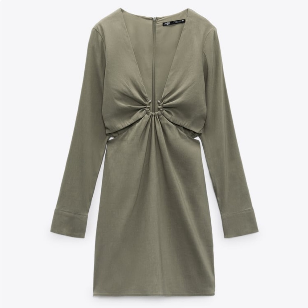 Zara Green linen cutout long sleeve dress